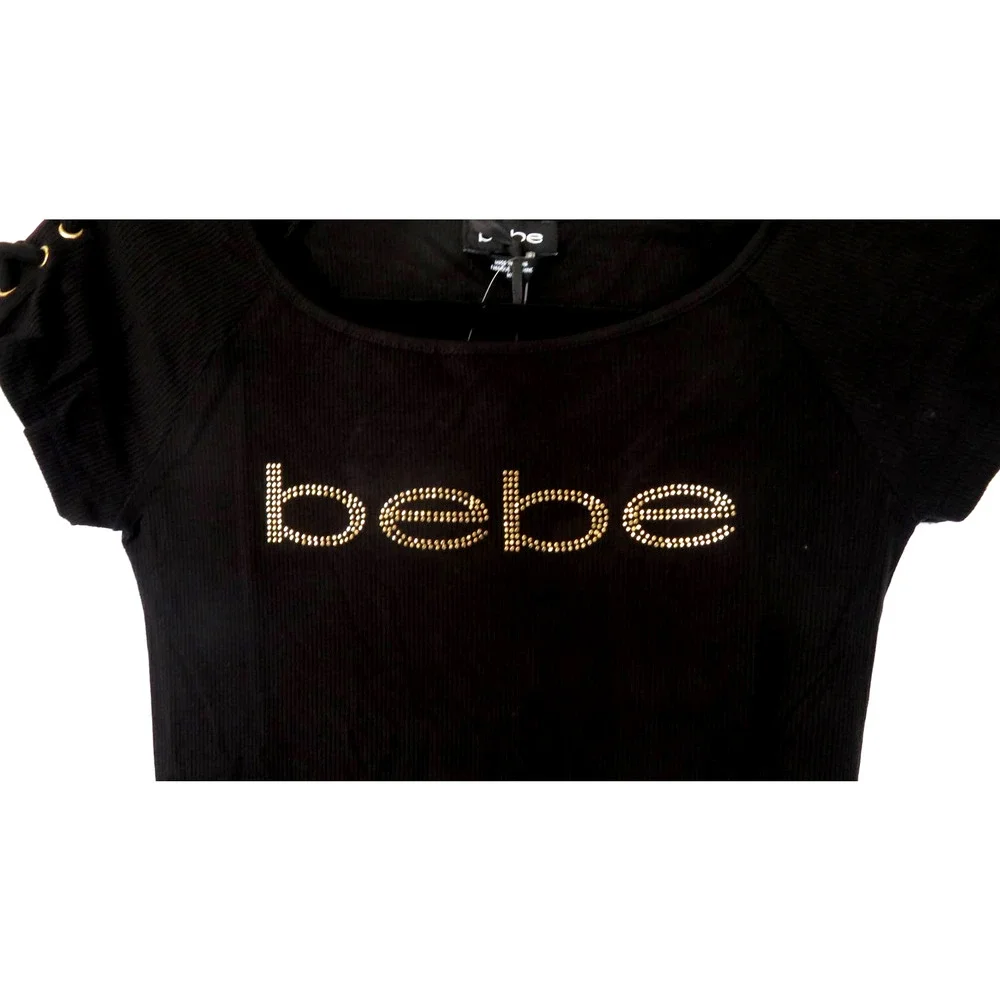 Nwt BEBE Black Logo Top Shirt w/ Gold Rhinestone Women Sz M - Picture 4 of 7